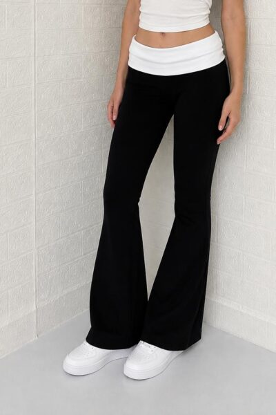 Siyah Beyaz Bel Katlamalı İspanyol Paça Pantalon