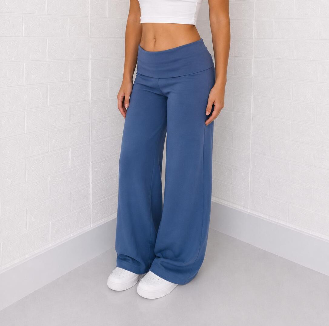 Saks Mavisi Bel Katlamalı Bol Paça Pantolon