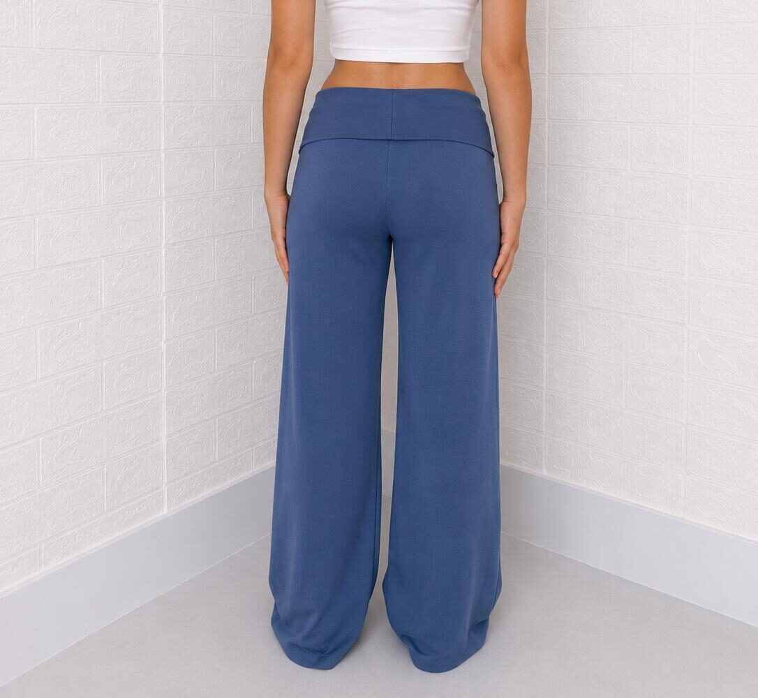 Saks Mavisi Bel Katlamalı Bol Paça Pantolon - Görsel 3