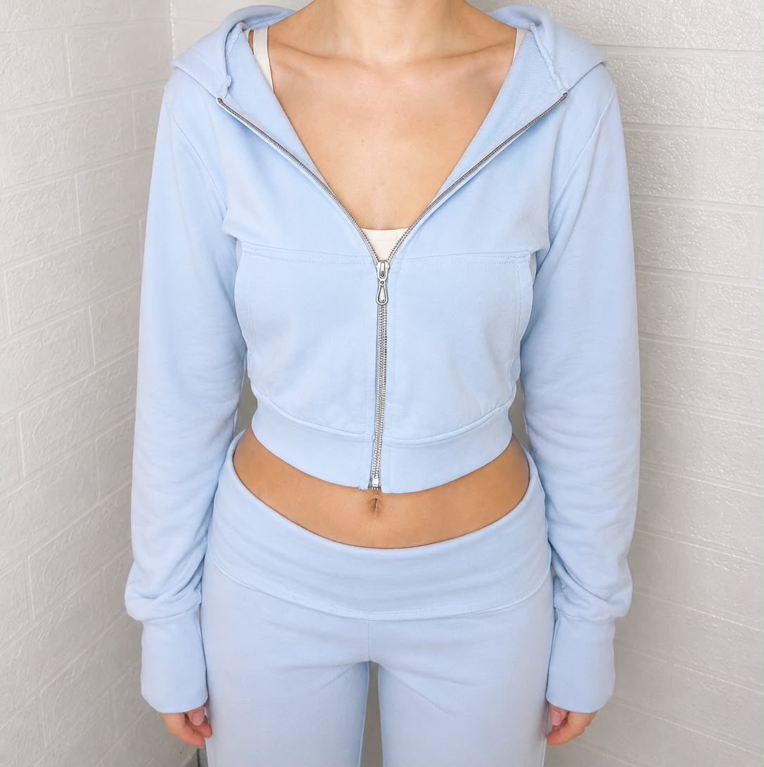 Bebek Mavisi Fermuarlı Sweatshirt & Kıvrık Bel Pantolon Takımı - Görsel 4