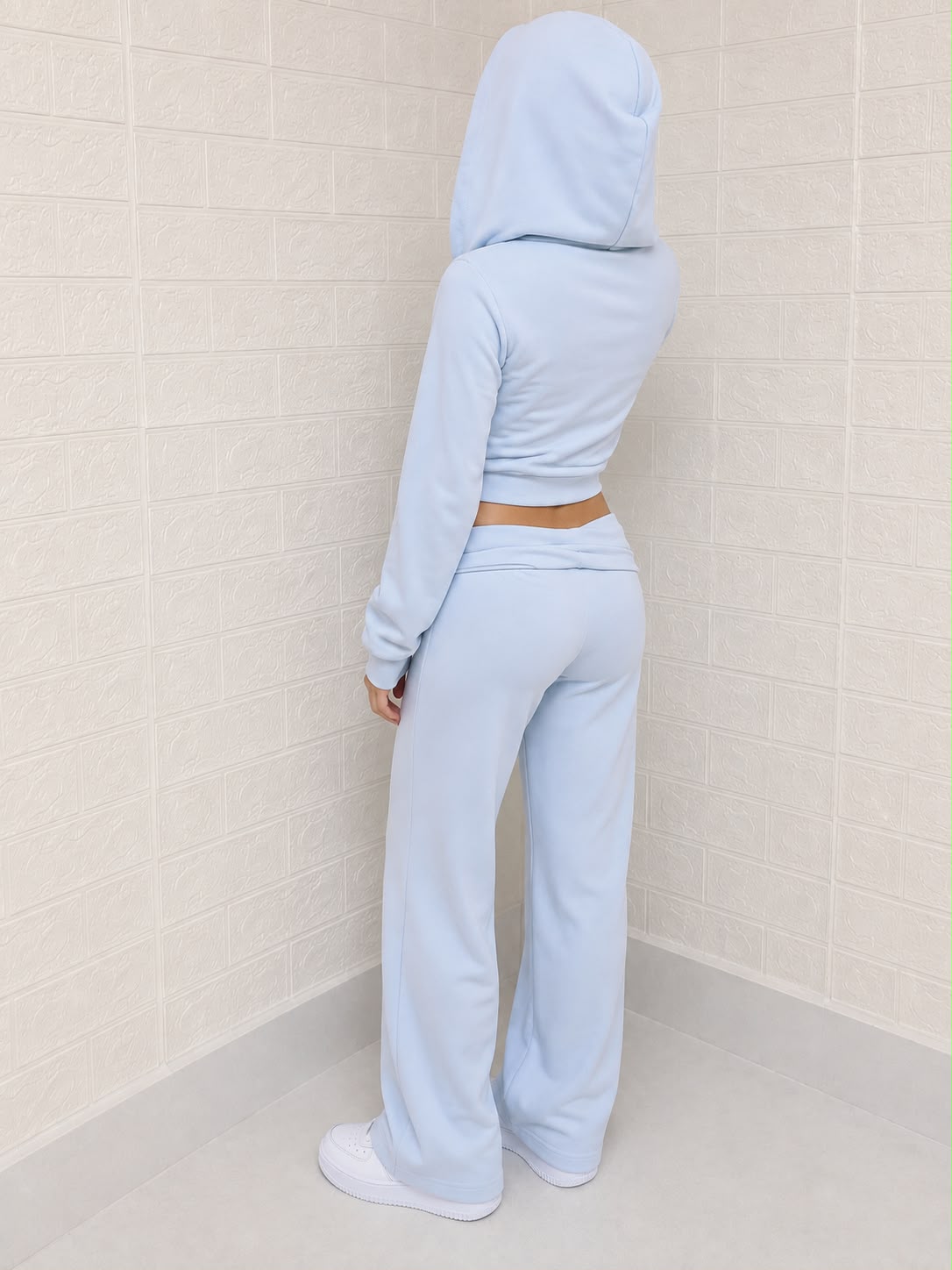 Bebek Mavisi Fermuarlı Sweatshirt & Kıvrık Bel Pantolon Takımı - Görsel 3
