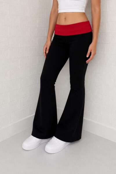 Siyah Kırmızı Bel Katlamalı İspanyol Paça Pantalon