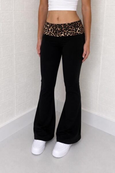 Siyah Leopar Bel Katlamalı İspanyol Paça Pantalon