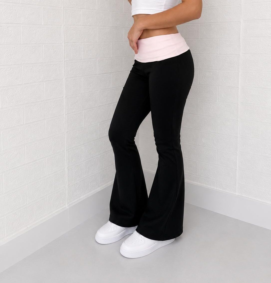 Siyah Pembe Bel Katlamalı İspanyol Paça Pantalon - Görsel 2