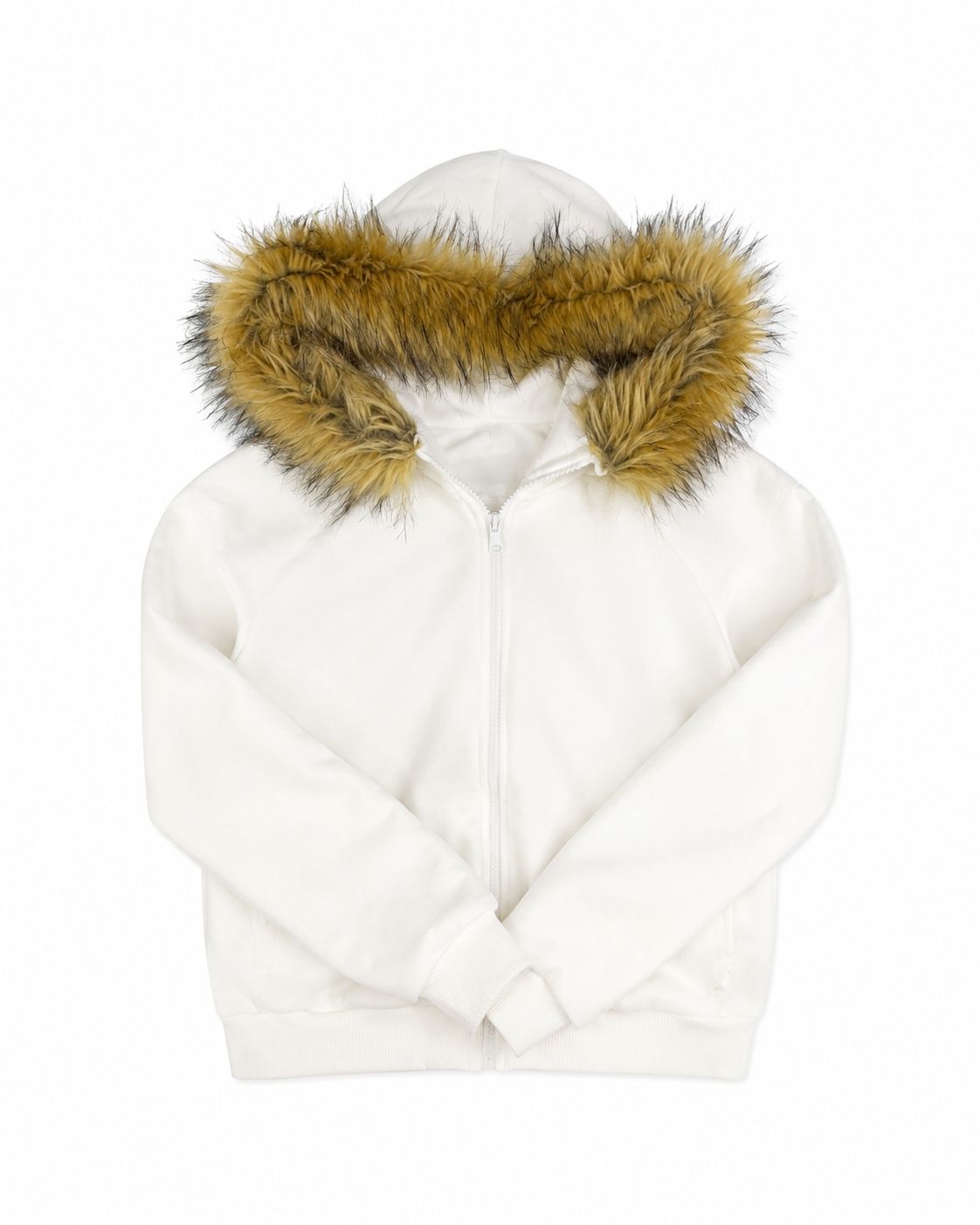 Ekru Kürk Detaylı Kapüşonlu Fermuarlı Sweatshirt