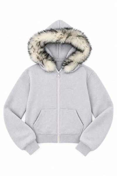 Gri Kürk Detaylı Kapüşonlu Fermuarlı Sweatshirt