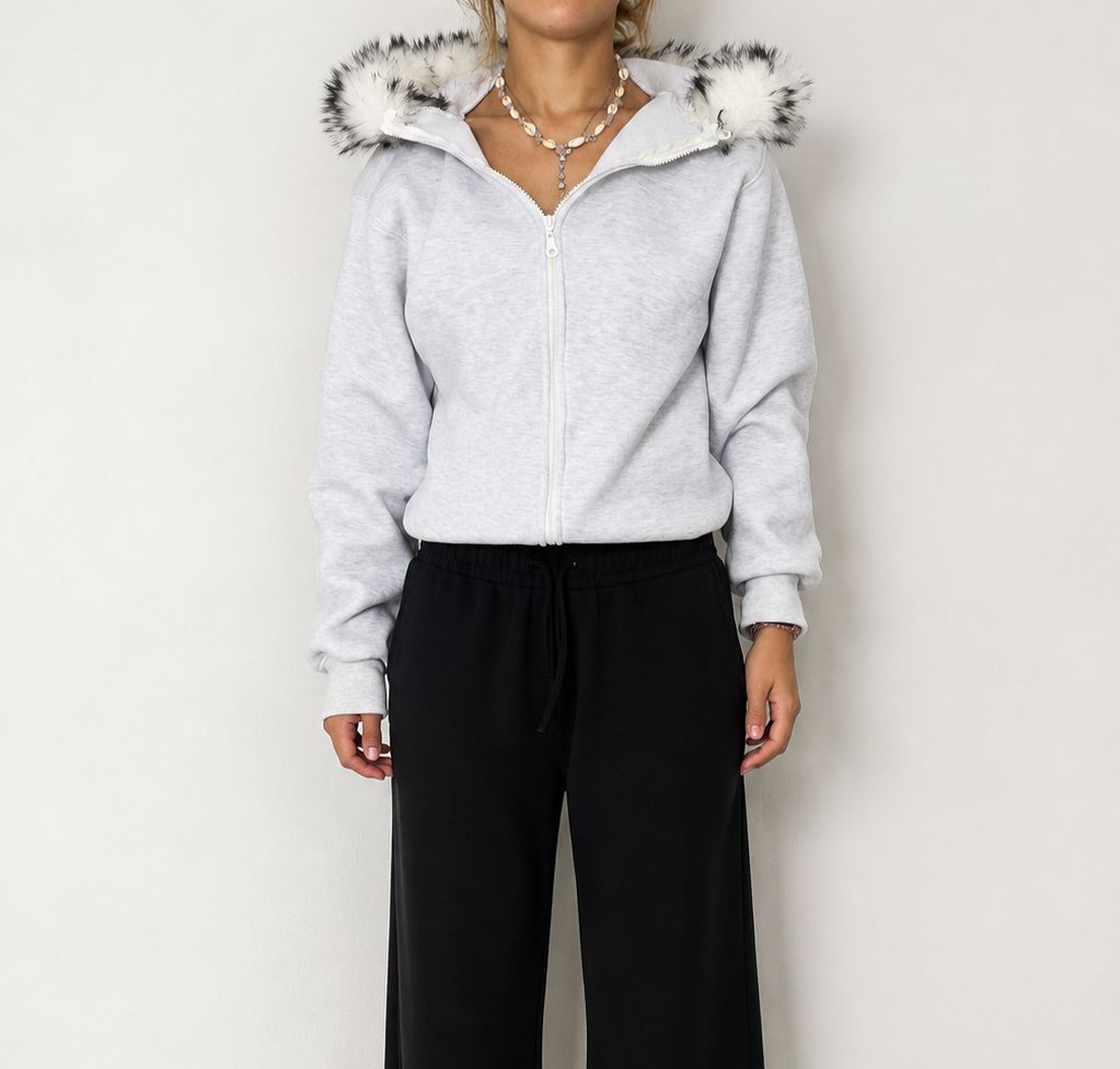 Gri Kürk Detaylı Kapüşonlu Fermuarlı Sweatshirt - Görsel 2