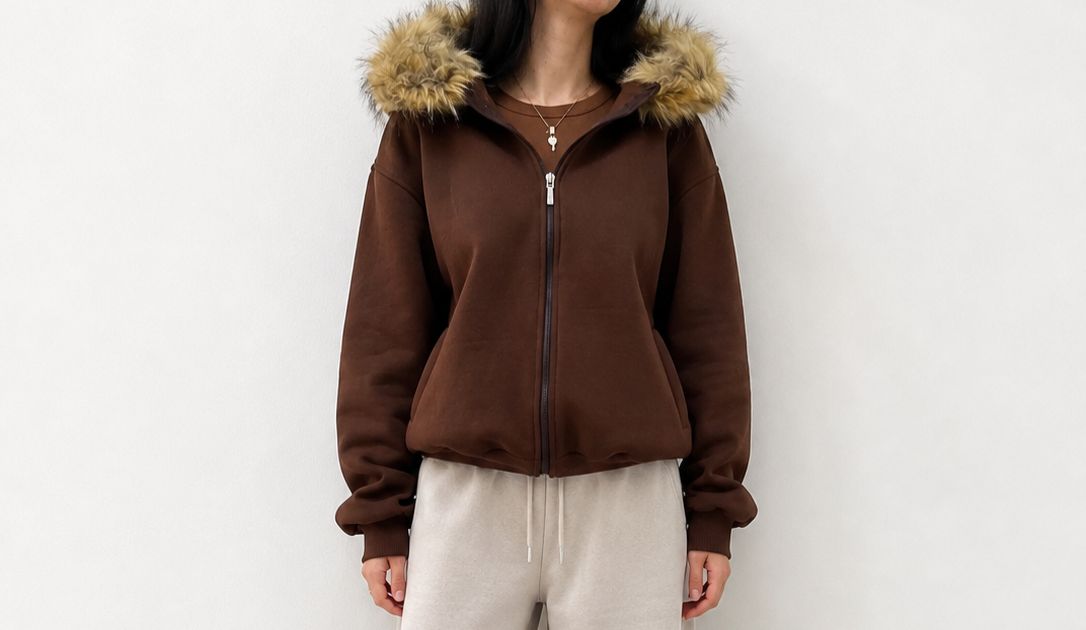 Kahverengi Kürk Detaylı Kapüşonlu Fermuarlı Sweatshirt - Görsel 2