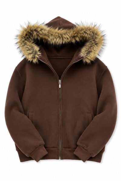 Kahverengi Kürk Detaylı Kapüşonlu Fermuarlı Sweatshirt