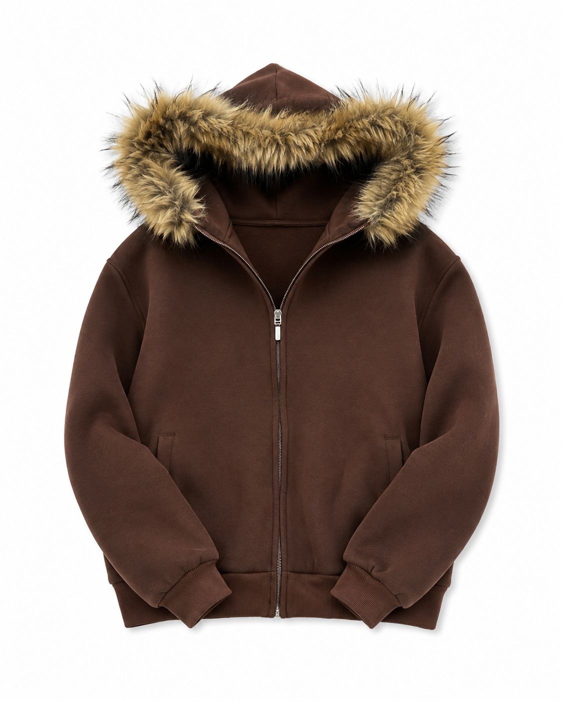 Kahverengi Kürk Detaylı Kapüşonlu Fermuarlı Sweatshirt