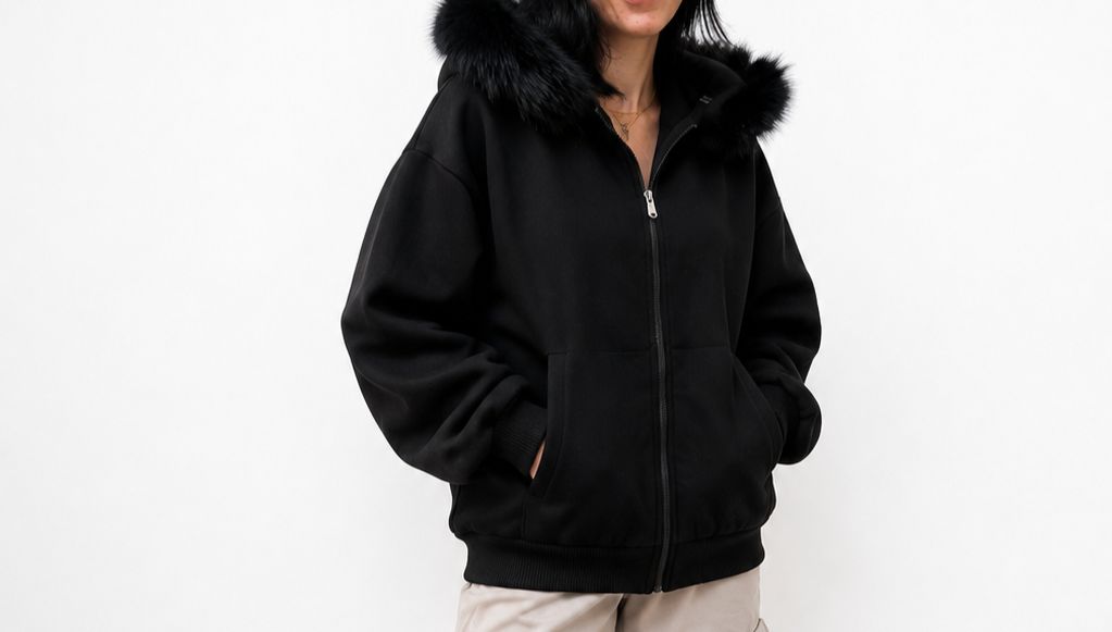 Siyah Kürk Detaylı Kapüşonlu Fermuarlı Sweatshirt - Görsel 3