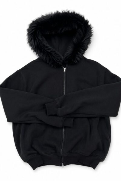 Siyah Kürk Detaylı Kapüşonlu Fermuarlı Sweatshirt