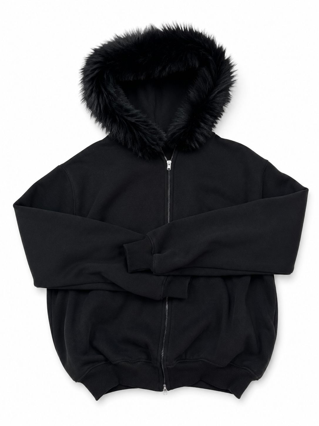 Siyah Kürk Detaylı Kapüşonlu Fermuarlı Sweatshirt